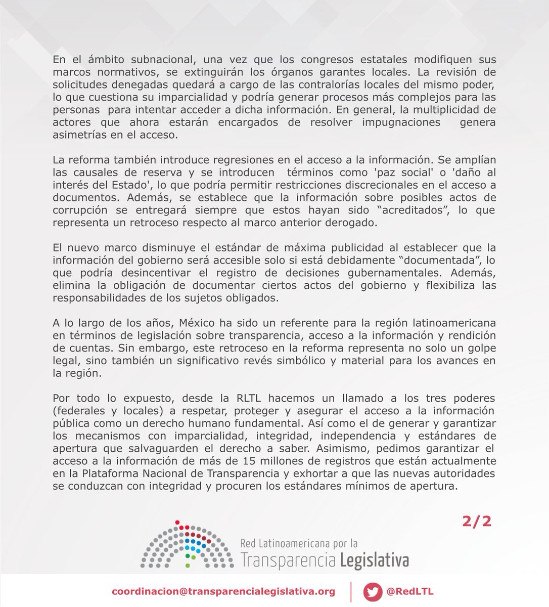📢La eliminación del INAI y los cambios regulatorios en materia de transparencia representan un grave retroceso en el acceso a la información pública en México. Desde la RLTL, llamamos a proteger este derecho fundamental. 

Más detalles en transparencialegislativa.org/noticia/la-red…