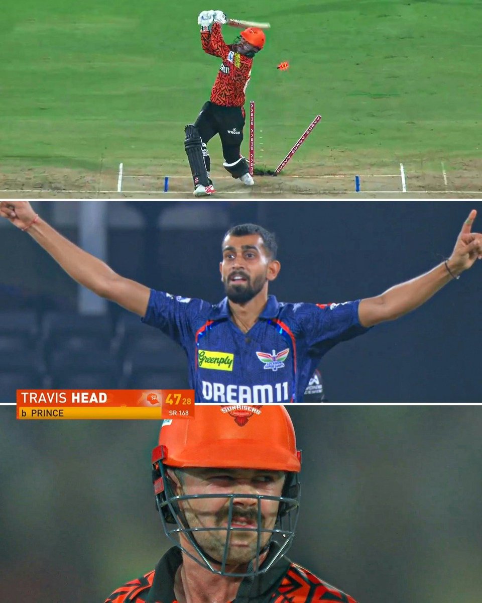 Shivaram63's tweet photo. Prince yadav cleans up Travis head today 
#SRHvsLSG https://t.co/28v1efLrbC