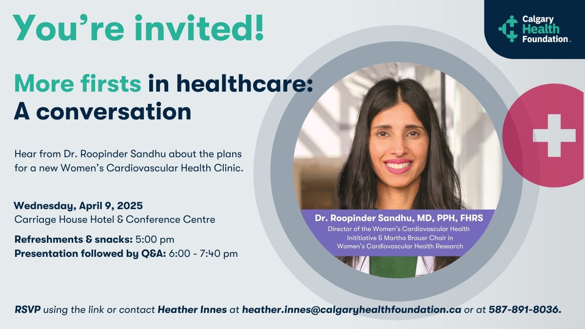📢 More firsts in healthcare: A conversation event will take place on Wednesday, April 9!

🕒 5:00 -7:40 pm
📍 Carriage House Hotel &amp; Conference Centre

RSVP today: surveymonkey.com/r/JDJVF29

We hope to see you there!

#WomensHealth #HealthTalk #CardiovascularHealth