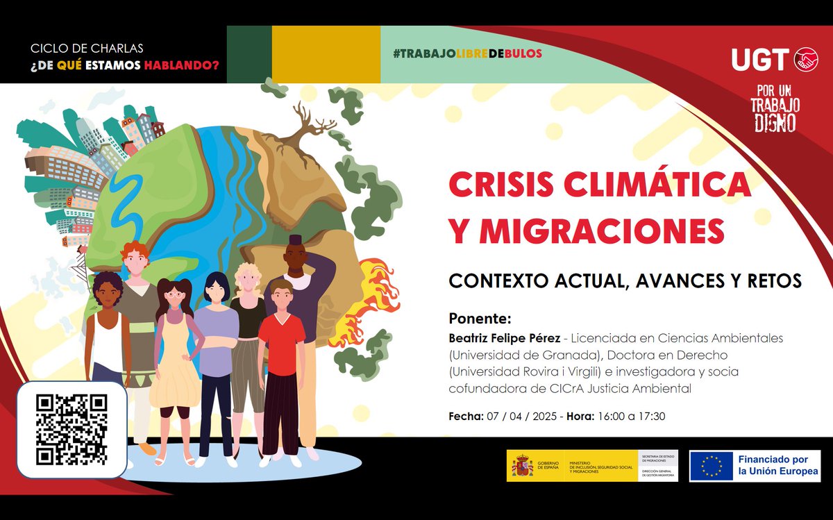 UGT Migraciones (@ugtmigraciones) on Twitter photo 📢3ª Charla: "CRISIS CLIMÁTICA Y MIGRACIONES. Contexto actual, avances y retos"
📌Ponente: BEATRIZ FELIPE PÉREZ, CICrA Justicia Ambiental <a href="/beaifp/">Beatriz Felipe Pérez 🌻</a> <a href="/CICrA_coop/">CICrA Justicia Ambiental</a>
🗓️Lunes, 07/04/2025
⏰16h. a 17:30 h.
VÍA ZOOM
Gratuito
Inscríbete y difunde:
👉forms.gle/tAbSfvronhJRVj…
<a href="/flujandefrias/">Fernando Luján</a> 📢3ª Charla: "CRISIS CLIMÁTICA Y MIGRACIONES. Contexto actual, avances y retos"
📌Ponente: BEATRIZ FELIPE PÉREZ, CICrA Justicia Ambiental <a href="/beaifp/">Beatriz Felipe Pérez 🌻</a> <a href="/CICrA_coop/">CICrA Justicia Ambiental</a>
🗓️Lunes, 07/04/2025
⏰16h. a 17:30 h.
VÍA ZOOM
Gratuito
Inscríbete y difunde:
👉forms.gle/tAbSfvronhJRVj…
<a href="/flujandefrias/">Fernando Luján</a>