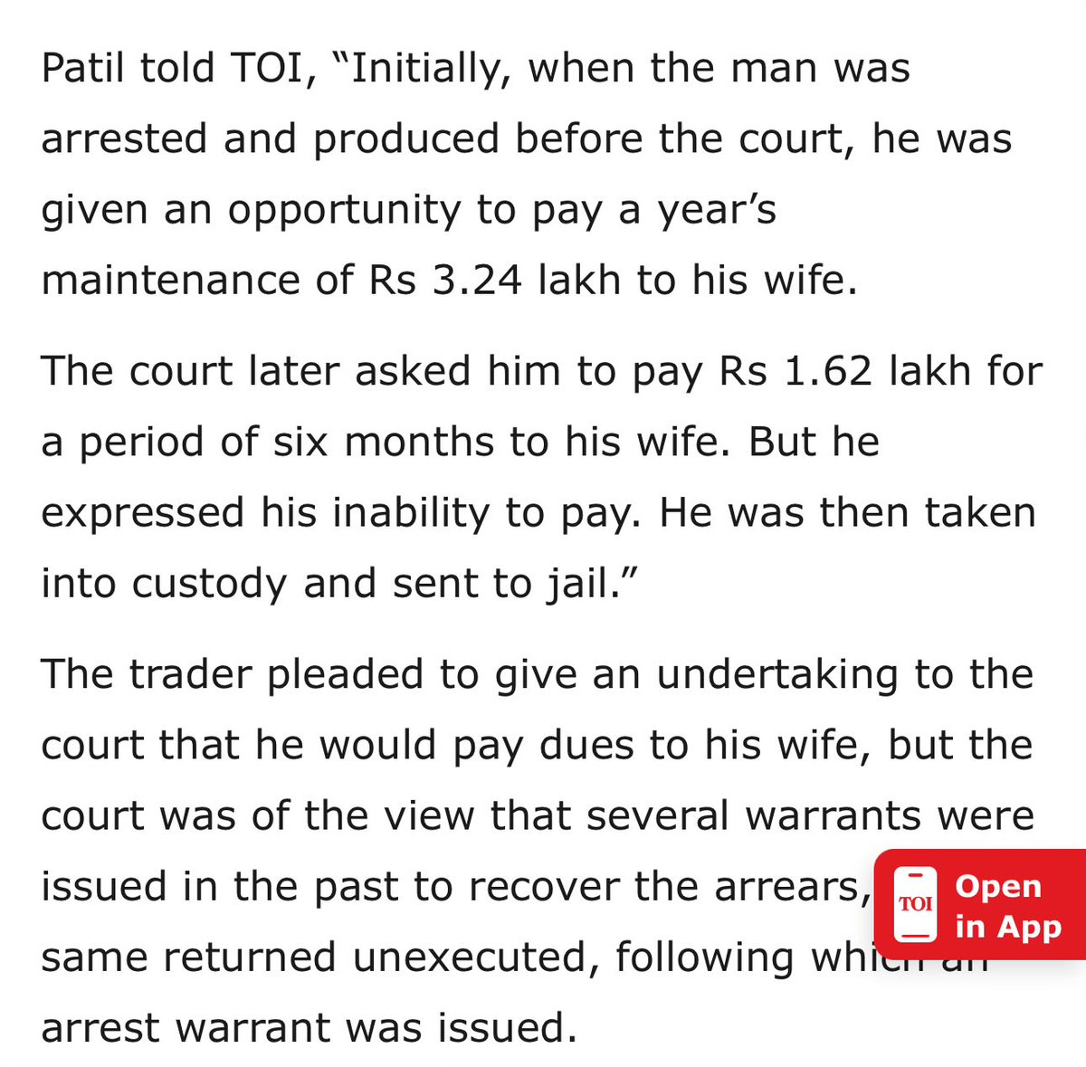 Court sends a fruit seller to prison as he was unable to pay wife's maintainence arrears. 
According to our learned milords, sending a man to jail is the best way to get money out of him (by making him lose his job/livelihood).  
All hail such laws and mindset. Should be given