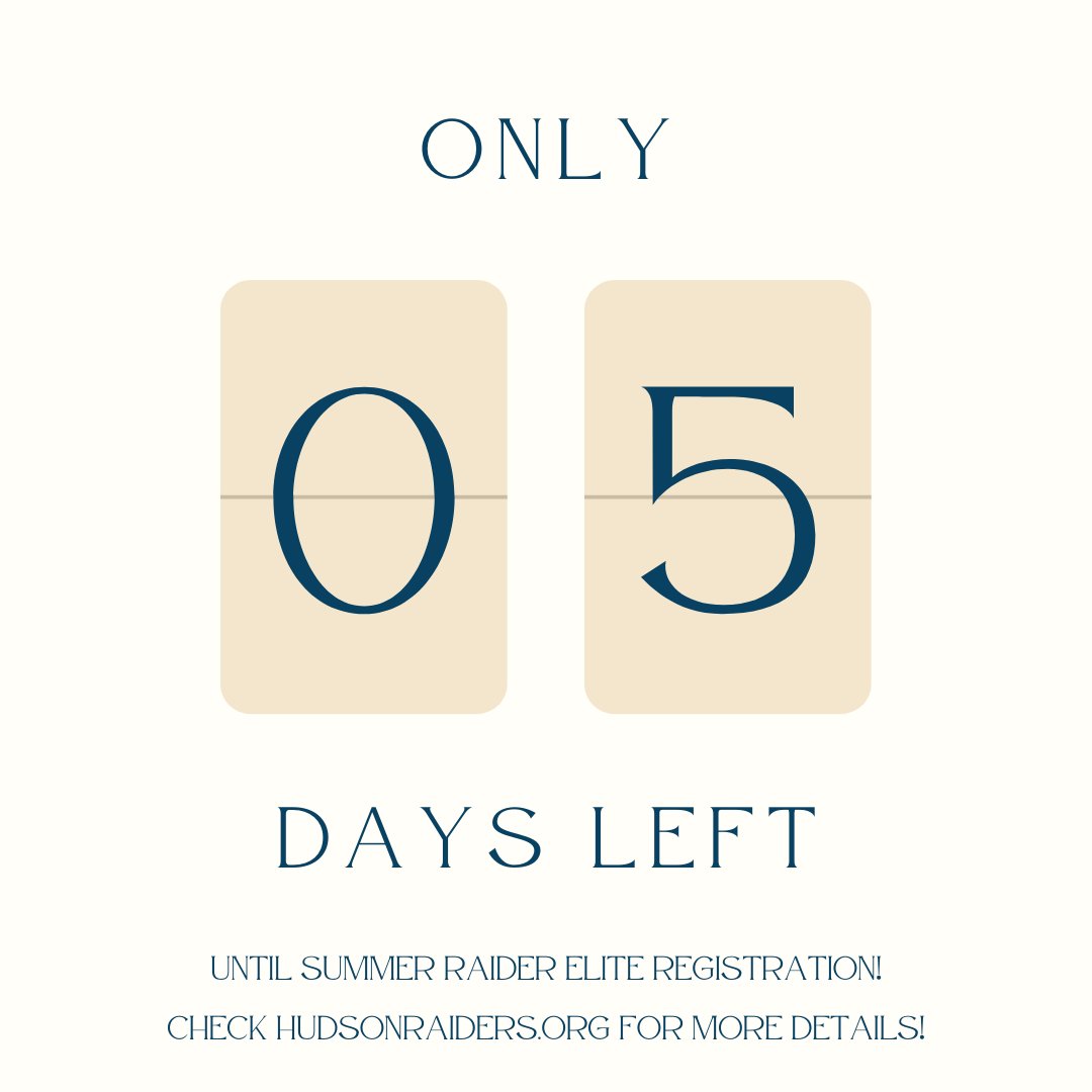 Summer Raider Elite registration goes live at 6am on April 1! Be sure to sign up to make sure you get the time you prefer! Check hudsonraiders.org for more details!