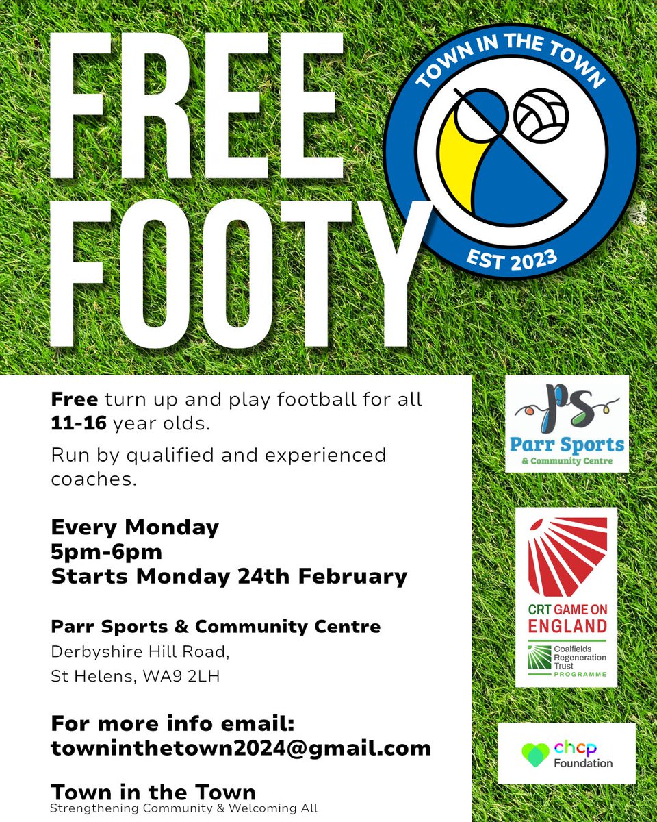 St Helens Active Lives & Sports Development (@sportsdevsth) on Twitter photo FREE Football Mondays!
Town in the Town are delivering free, drop-in football sessions at <a href="/ParrSports/">Parr Sports & Community Centre</a> β½
Open to boys and girls aged 11-16 who fancy some fresh air, exercise and fun. Sessions take place Mondays 5-6pm. If you have any questions, email towninthetown2024@gmail.com FREE Football Mondays!
Town in the Town are delivering free, drop-in football sessions at <a href="/ParrSports/">Parr Sports & Community Centre</a> β½
Open to boys and girls aged 11-16 who fancy some fresh air, exercise and fun. Sessions take place Mondays 5-6pm. If you have any questions, email towninthetown2024@gmail.com