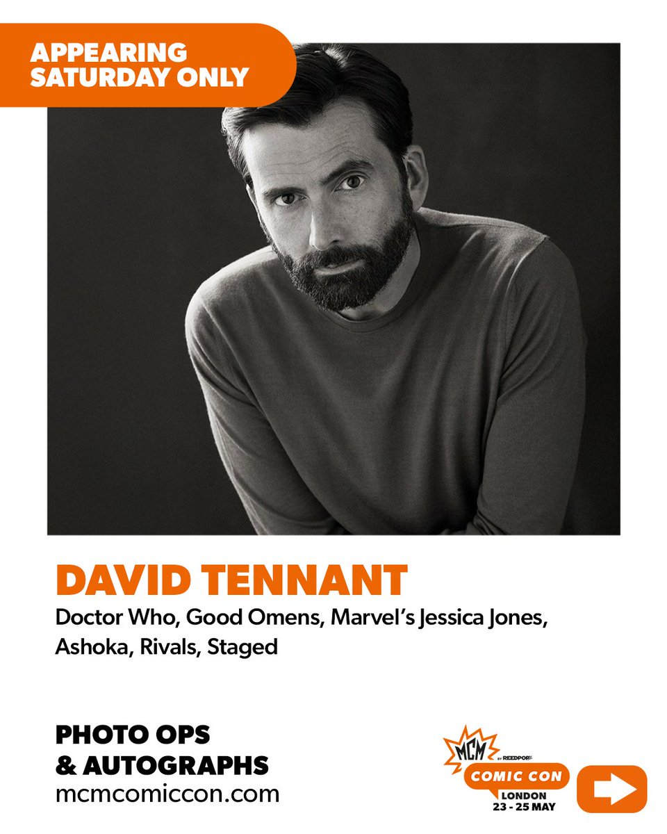 MCMComicCon's tweet photo. The Tenth Doctor himself, David Tennant, is coming to MCM Comic Con London 🤩

Alongside Doctor Who, you may have seen David in Good Omens, Rivals, Duck Tales and much, much more, and now you can see him on Saturday 24 May at the show: https://t.co/4dpJGmFK1Z https://t.co/cSuiLMQQK5