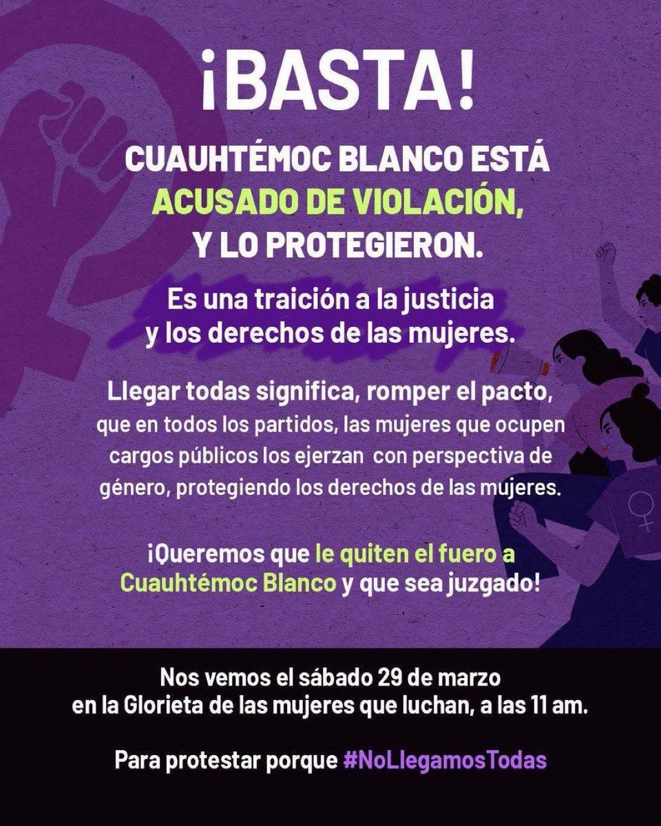 ⚠️ TODAS, TODAS Y TODAS contra la impunidad, contra en pacto patriarcal, contra los agresores en el poder. Este 29 de marzo a las 11 horas #LleguemosTodAs  
#NingúnAgresorEnElPoder 
“El Violador eres tú”