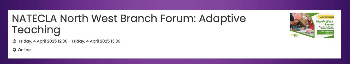 The next NATECLA North West Branch Forum meeting will be a FREE event on Adaptive Teaching. 
Friday, 4 April 2025 12:30 - 13:30. community.natecla.org.uk/events/67b6083…