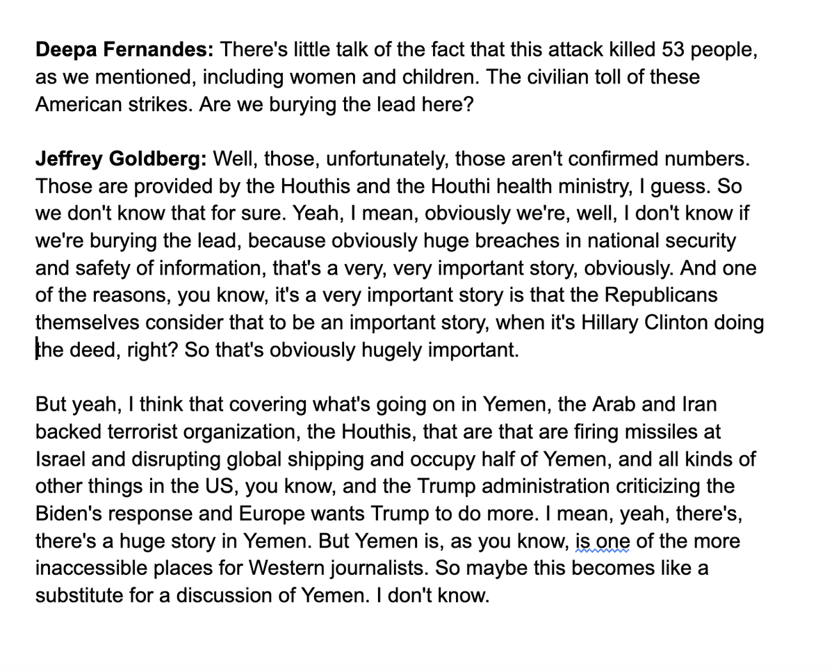 sarahlazare's tweet photo. How Jeffrey Goldberg responded when Deepa Fernandes asked him on NPR about the 53 people the US killed in Yemen. https://t.co/8G4oZuL0lI https://t.co/FX5WkcFTtJ