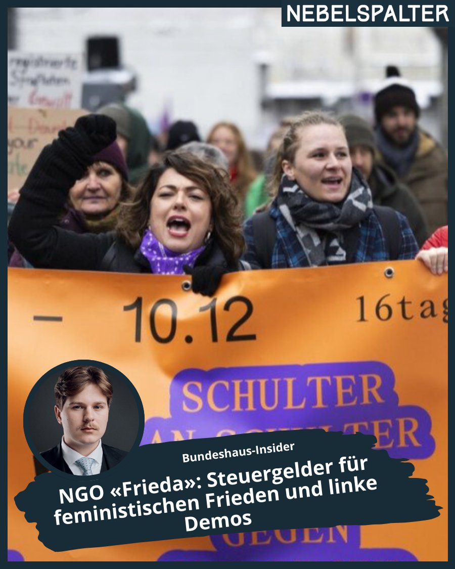 nebelspalter's tweet photo. 🚨 1️⃣ Die feministische NGO «Frieda» erhält jährlich über eine Million Franken aus Steuergeldern – vom Bund, Kantonen &amp; Gemeinden. Gleichzeitig betreibt sie politische Kampagnen für Links-Grün. Ein Beispiel: Eine Demo in Bern mit SP &amp; Grünen-Politikerinnen. #Steuergelder #NGO https://t.co/1LQNBQSDeZ