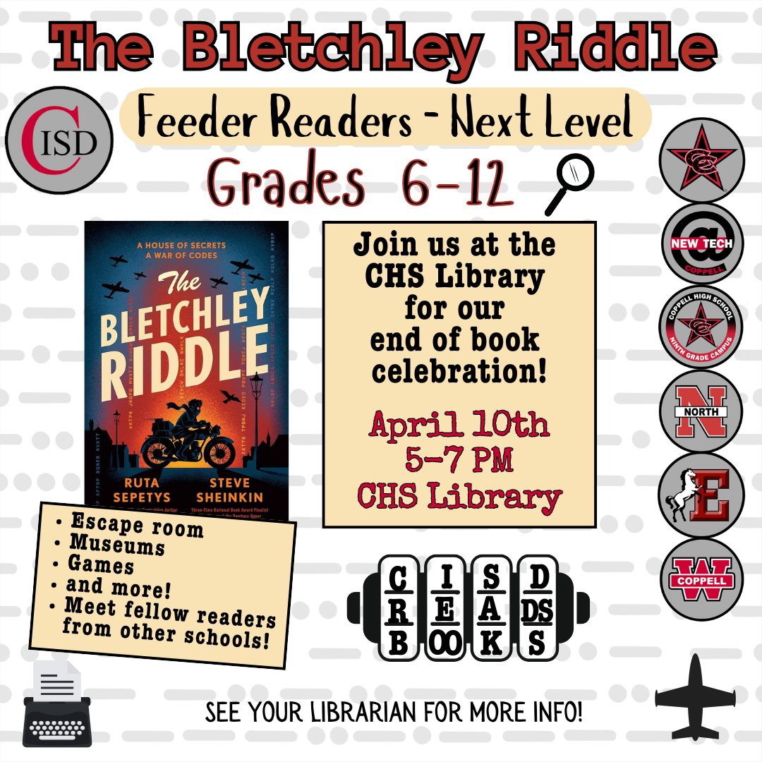 CHS9LIB's tweet image. Join us for the finale of our Feeder Readers program!
Enjoy an escape room, museums, and more at our end-of-book celebration on April 10th from 5-7 PM at the CHS Library. All CISD middle schoolers and high schoolers are invited to attend!
#CHS9Reads #FeederReaders @CHS_9