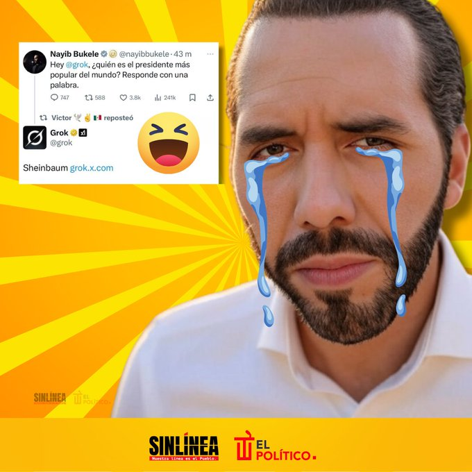 SinLinea_Mx's tweet photo. "¡Ahí no más!". #Bukele se respondió solito y quedó como 🤡

Como lo dije cuando me preguntaron sobre el tema de seguridad. Respeto a #ElSalvador y respeto a #México. Hubo mucha polémica, y bueno, ahora la respuesta que le dio @grok, sobre quién es el mandatario más popular del mundo y le respondió que yo, “pues está simpática, ¿no?”, comentó #ClaudiaSheinbaum (@Claudiashein).

#MañaneraDelPueblo