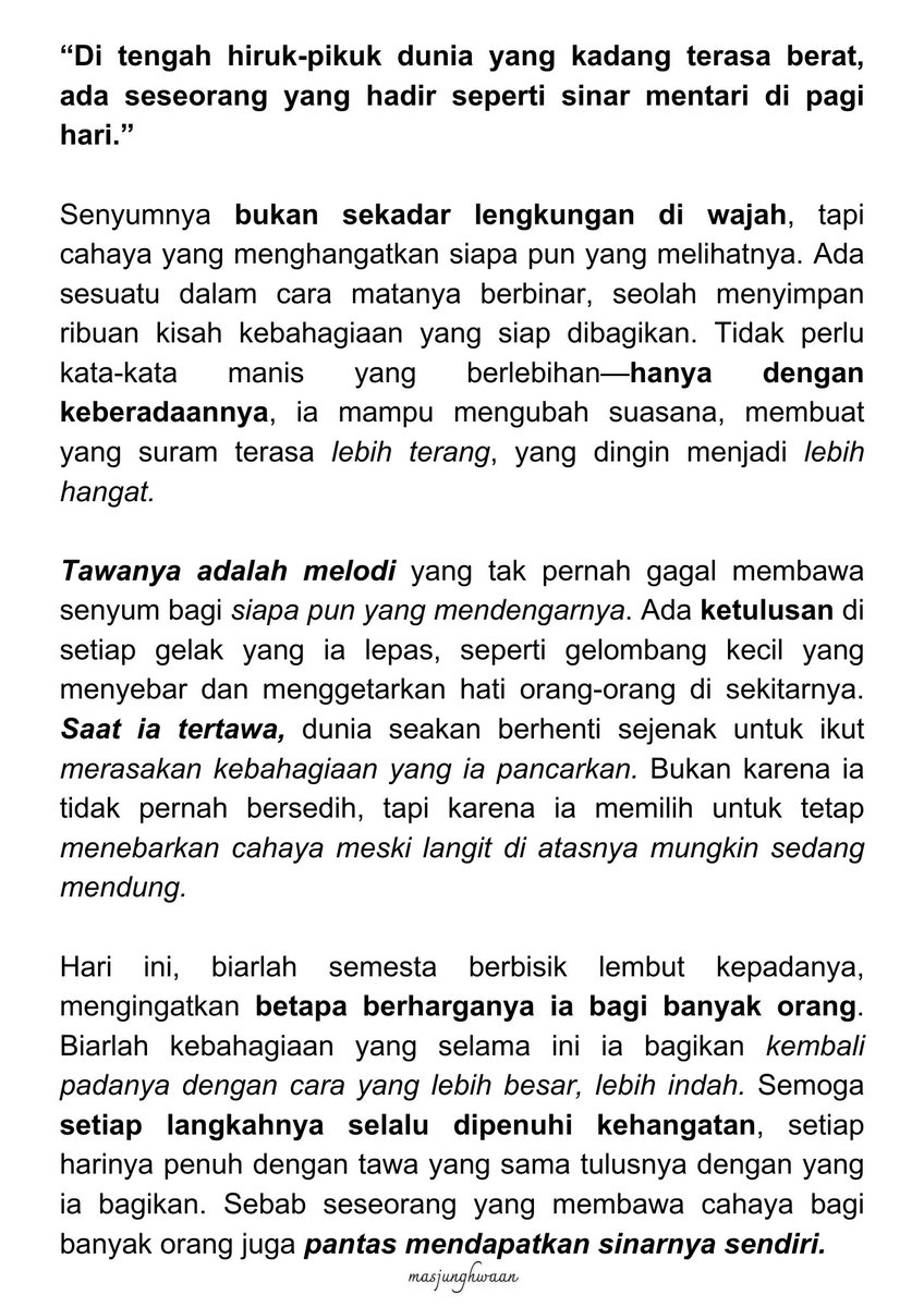 rayuanmanis's tweet photo. - Untuk seseorang, yang sedang merayakan hari bertambah usianya satu tahun lagi. Terimakasih untukmu yang selalu secerah mentari. Bawa senyum ikut hadir, kala melihat dirimu tertawa ataupun tersenyum. https://t.co/etIPHMVRah