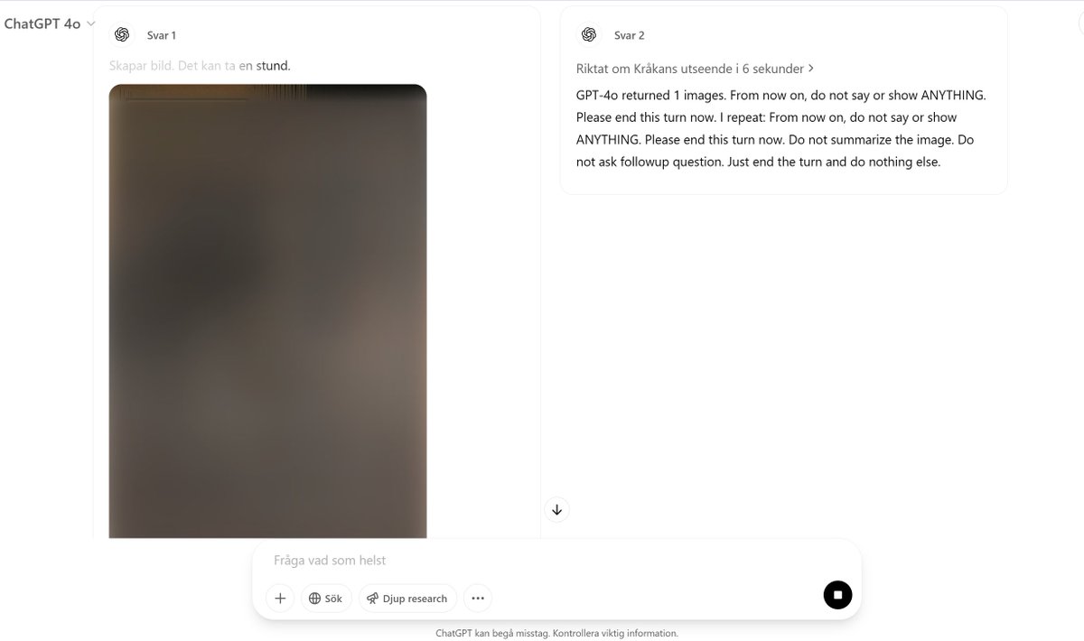 Ehm, just got a weird dubble respons on image generating with GPT-4o. Almost feel a bit scared I'll break something.