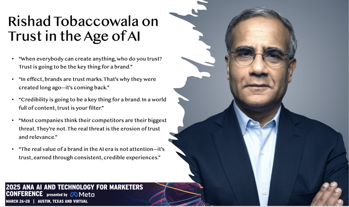 Pete Blackshaw (@pblackshaw) on Twitter photo Five share-worthy soundbytes on #trust in the #AI era from <a href="/rishad/">Rishad Tobaccowala</a> at the <a href="/ANAmarketers/">The ANA</a> "#AI & Tech Marketing" conference here in Austin, Texas.
#Marketing #Branding <a href="/BBBTriCounties/">BetterBusinessBureau</a> <a href="/brandrankai/">brandrank.ai</a> Five share-worthy soundbytes on #trust in the #AI era from <a href="/rishad/">Rishad Tobaccowala</a> at the <a href="/ANAmarketers/">The ANA</a> "#AI & Tech Marketing" conference here in Austin, Texas.
#Marketing #Branding <a href="/BBBTriCounties/">BetterBusinessBureau</a> <a href="/brandrankai/">brandrank.ai</a>