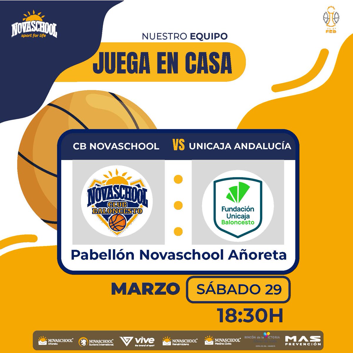 CB Novaschool (@cbnovaschool) on Twitter photo 𝙅𝙐𝙂𝘼𝙈𝙊𝙎 𝙀𝙉 𝘾𝘼𝙎𝘼 🏫
🏆 Tercera FEB 👉 Gr D-A
🎯 J. 23
🆚 <a href="/CanteraUnicajaC/">Cantera UnicajaCB</a> 🟢⚪️
🗓️ Sáb 29/3
📍Pab. Novaschool Añoreta 🏫🏟️
💙💛 #TerceraFEB #NovaschoolEARN #NovaschoolSunland #NovaschoolBenalmádena #NovaschoolMedinaElvira #GoNovaschool #ClubDeportivo #Sportforlife 𝙅𝙐𝙂𝘼𝙈𝙊𝙎 𝙀𝙉 𝘾𝘼𝙎𝘼 🏫
🏆 Tercera FEB 👉 Gr D-A
🎯 J. 23
🆚 <a href="/CanteraUnicajaC/">Cantera UnicajaCB</a> 🟢⚪️
🗓️ Sáb 29/3
📍Pab. Novaschool Añoreta 🏫🏟️
💙💛 #TerceraFEB #NovaschoolEARN #NovaschoolSunland #NovaschoolBenalmádena #NovaschoolMedinaElvira #GoNovaschool #ClubDeportivo #Sportforlife