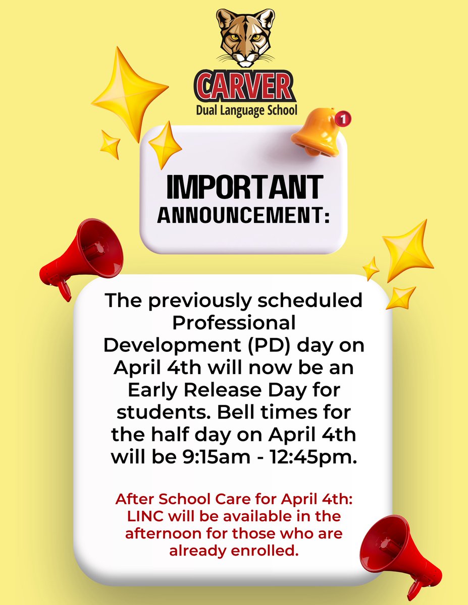 Due to the number of inclement weather days this year, KCPS has made the decision to adjust the school calendar.
The previously scheduled PD day on April 4th will now be an Early Release Day for students. Bell times for the half day on April 4th will be 9:15am - 12:45pm.
