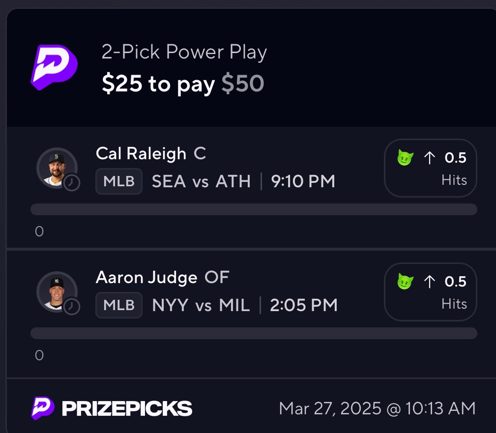 PrizePicksPapa's tweet image. Day 1 ladder challenge ⚾️🪜

Cal and Judge for the first step 🆙

Day 1 $25 -&amp;gt; $50 ❔

Good luck and happy opening day! 🍀

prizepicks.onelink.me/gCQS/shareEntr…

#PrizePicks #PapasPicks #PapaJawnz #GamblingX #MLB #OpeningDay