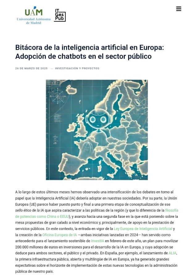 🚨 Ya disponible el post mensual del #BlogITGesPub 📬

✍️ <a href="/CJimenezC_/">Carlos Jiménez</a> aborda la importancia de promover espacios públicos de buenas prácticas de #IA en el #sectorpúblico 🌐 y analiza datos preliminares de la adopción de #chatbots en Europa 🇪🇺🤖

👉 Enlace: itgespub.net/bitacora-de-la…