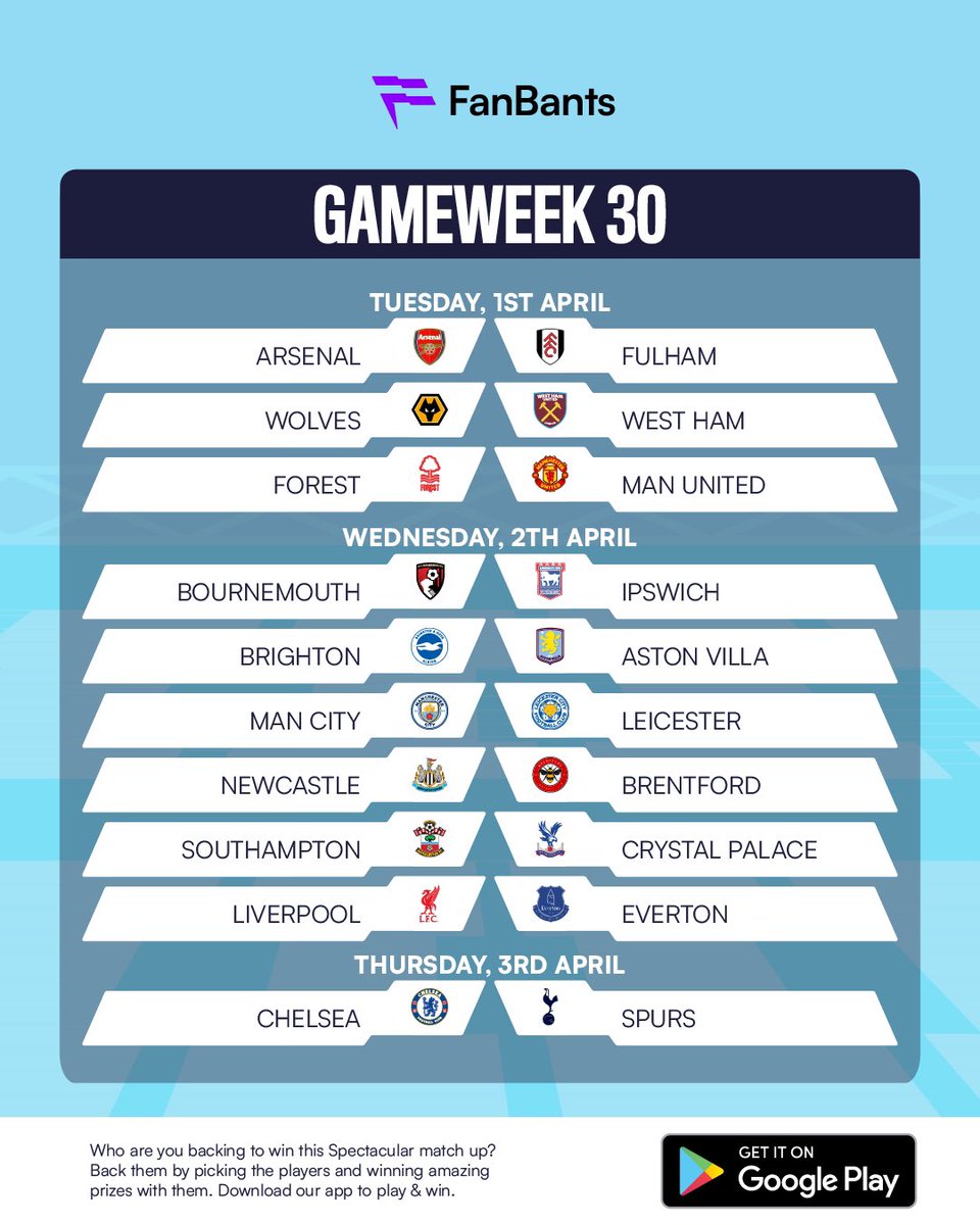 PlayFanbants's tweet photo. No more international break excuses—Club football is back!
#EPL #Gameweek30 https://t.co/qwQfJx78Hb