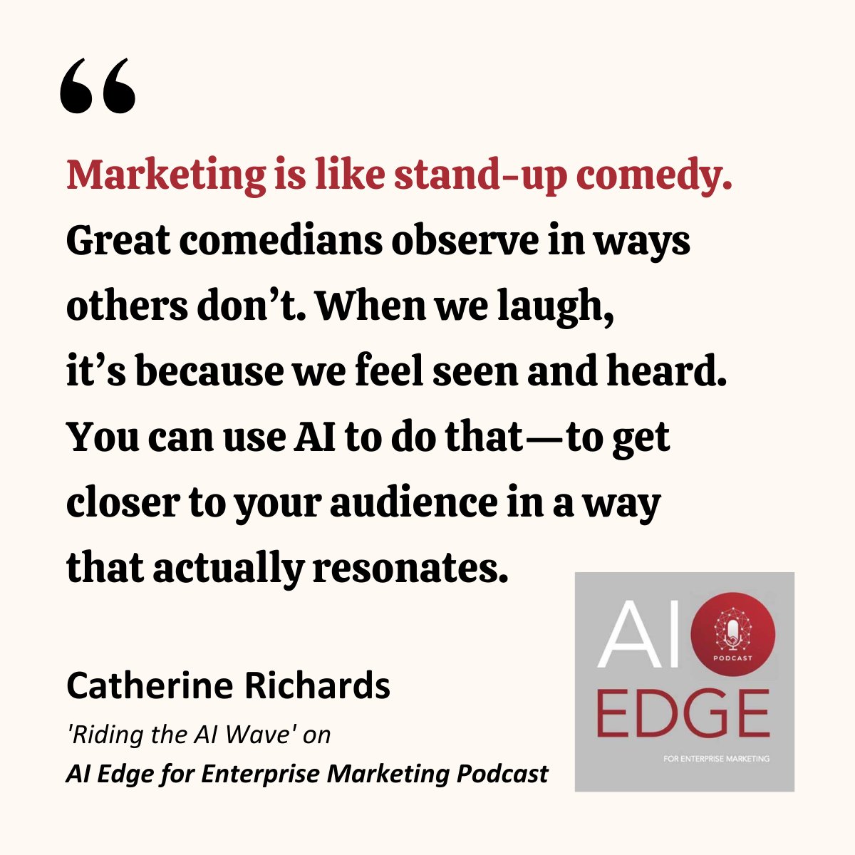 CRichards_SF's tweet photo. Great comedians make us feel seen—and the best marketers do too. AI can help us get there.

Had a blast on the pod with @BMitton, hosted by the brilliant @jessicahreha and Yadin Porter de León.

37 mins: https://t.co/OMwMre8cKE

#AI #MarketingAI #ContentStrategy #HumanCenteredAI #RidingTheAIWave