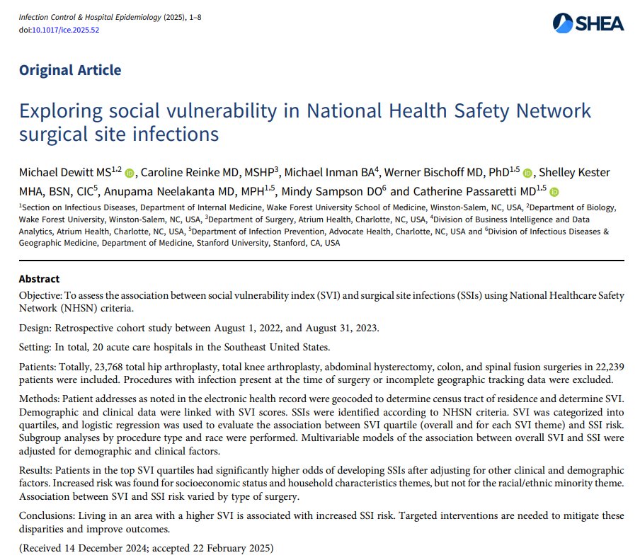 New in ICHE:

Study links higher social vulnerability index to increased surgical site infection (SSI) risk regardless of race/ethnicity.

Targeted interventions needed to improve surgical outcomes and equity

📄: cambridge.org/core/journals/…