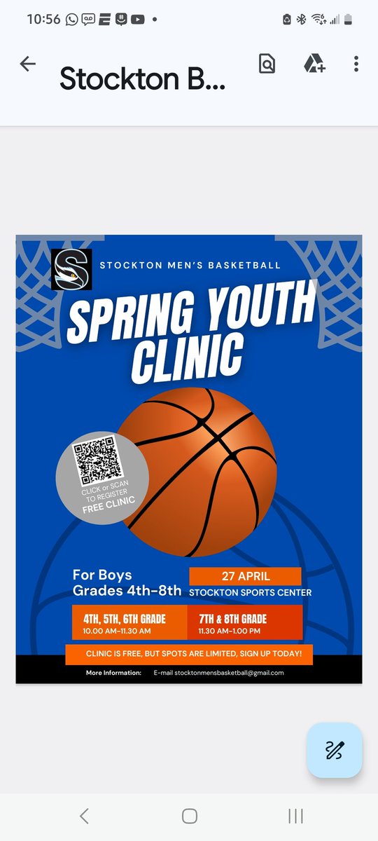 <a href="/MenStockton/">Stockton Men's Basketball</a> will be hosting a free basketball clinic for serious players from grades 4-8 on April 27th🏀 Skills that we are finding to be deficient with players we bring in will be the center piece of what we are teaching🏀

Spots are limited sign your kids up today