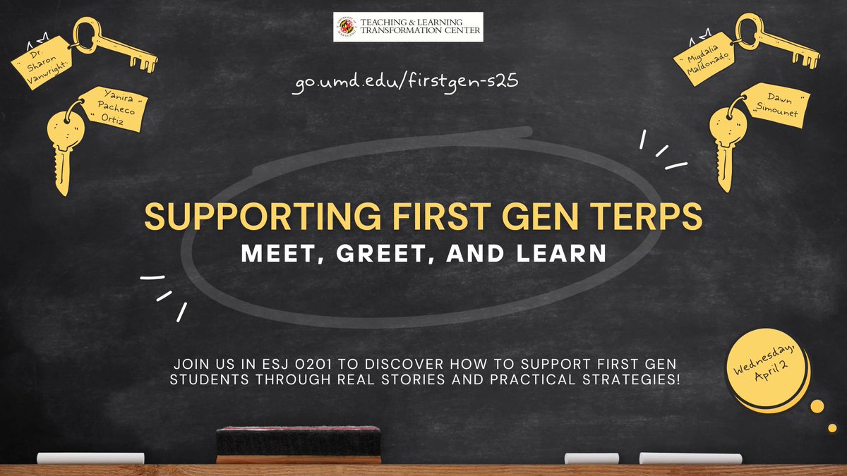 🎓 Join us for an in-person workshop on supporting first gen college students at UMD with insights from a student panel!

🔗 go.umd.edu/firstgen-s25

——

#tltc #umd #teachingandlearning #firstgen