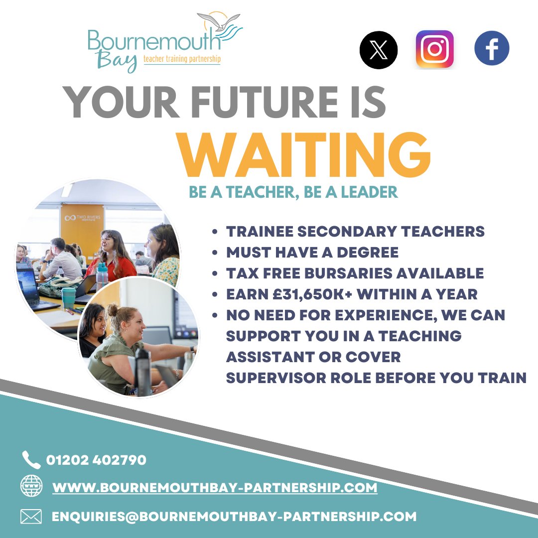 🎓 Your Future is Waiting!
Thinking about a career in teaching? Bournemouth Bay Teacher Training Partnership is recruiting trainee secondary teachers now!

✅ Tax-free bursaries available
📈 Earn £31,650+ within a year
Start your journey today bournemouthbay-partnership.com/want-to-teach/