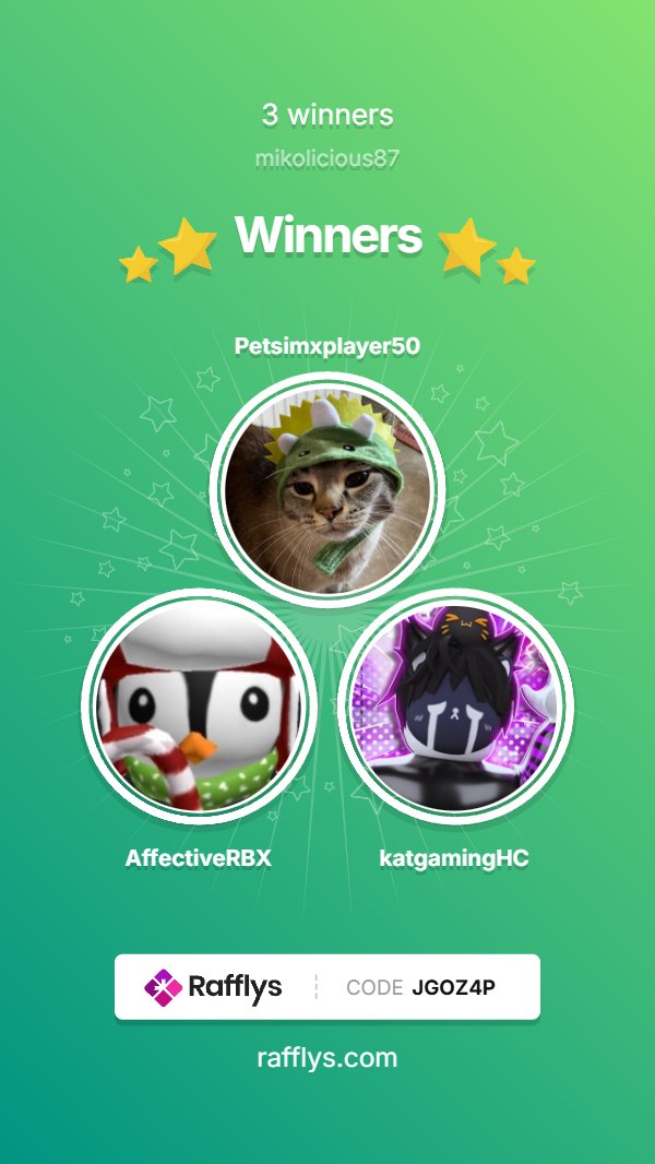 Miranda ❤️ (@mikolicious87) on Twitter photo The winners goes to <a href="/Petsimxplayer50/">dino kitty</a>, <a href="/AffectiveRBX/">Mythical</a> & <a href="/katgamingHC/">Katgaming HC</a> 🥳🥳 Congrats!!!! Wait for my DM. Thx.
So sorry for the delayed, i actually forgot about it 😅 #PS99 #ps99giveaway #petsim99 #PetSimulator99 The winners goes to <a href="/Petsimxplayer50/">dino kitty</a>, <a href="/AffectiveRBX/">Mythical</a> & <a href="/katgamingHC/">Katgaming HC</a> 🥳🥳 Congrats!!!! Wait for my DM. Thx.
So sorry for the delayed, i actually forgot about it 😅 #PS99 #ps99giveaway #petsim99 #PetSimulator99