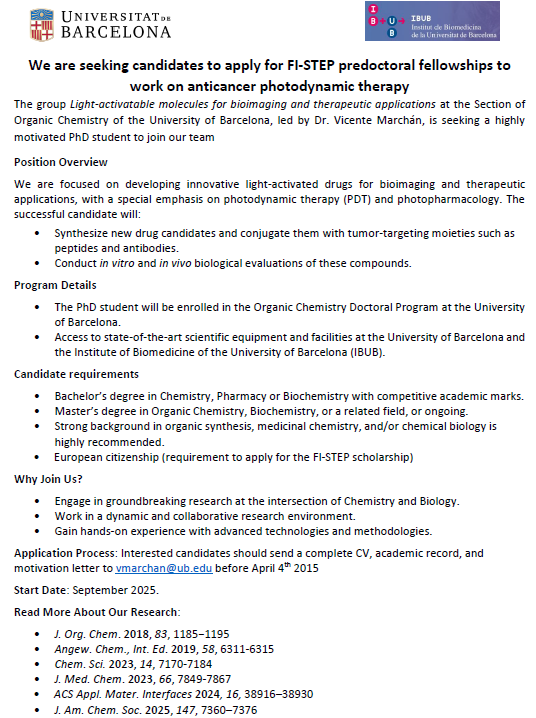 MarchanLab (@marchanlab_ub) on Twitter photo #PhDPosition available at <a href="/MarchanLab_UB/">MarchanLab</a> to develop light-activated drugs for cancer phototherapy. We are seeking candidates with a strong background in #OrganicChemistry #ChemBio and #MedChem to apply for FI-STEP predoctoral fellowships #PDT #Metallodrugs #ScienceJobs #PhDPosition available at <a href="/MarchanLab_UB/">MarchanLab</a> to develop light-activated drugs for cancer phototherapy. We are seeking candidates with a strong background in #OrganicChemistry #ChemBio and #MedChem to apply for FI-STEP predoctoral fellowships #PDT #Metallodrugs #ScienceJobs