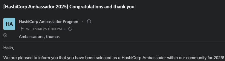 tamstar1234's tweet image. Great news - I have been selected as a HashiCorp Ambassdor for 2025 (marking my third consecutive year in the program! 🎉)!

Looking forward to another year of all things Terraform!

#HashiCorp #Terraform #Cloud #Community #DevOps #HashiCorpAmbassador #Microsoft #Azure