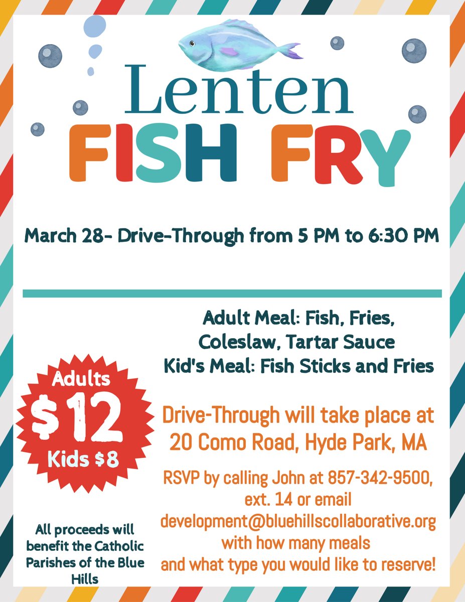 Our next Lent Fish Fry takes place tomorrow! It is not too late to place your orders! You can call John at 857-342-9500, ext. 14 or email development@bluehillscollaborative.org if you would like to place an order!