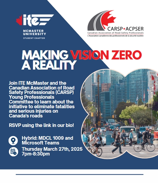Happening Tonight!!! 

Join ITE McMaster and the YPC for an insightful evening on road safety!

📍 Hybrid Event: MDCL 1009 &amp; Microsoft Teams
📅 Thursday, March 27, 2025 
⏰ 7 PM - 8:30 PM 

🔗 RSVP now: docs.google.com/forms/d/e/1FAI…