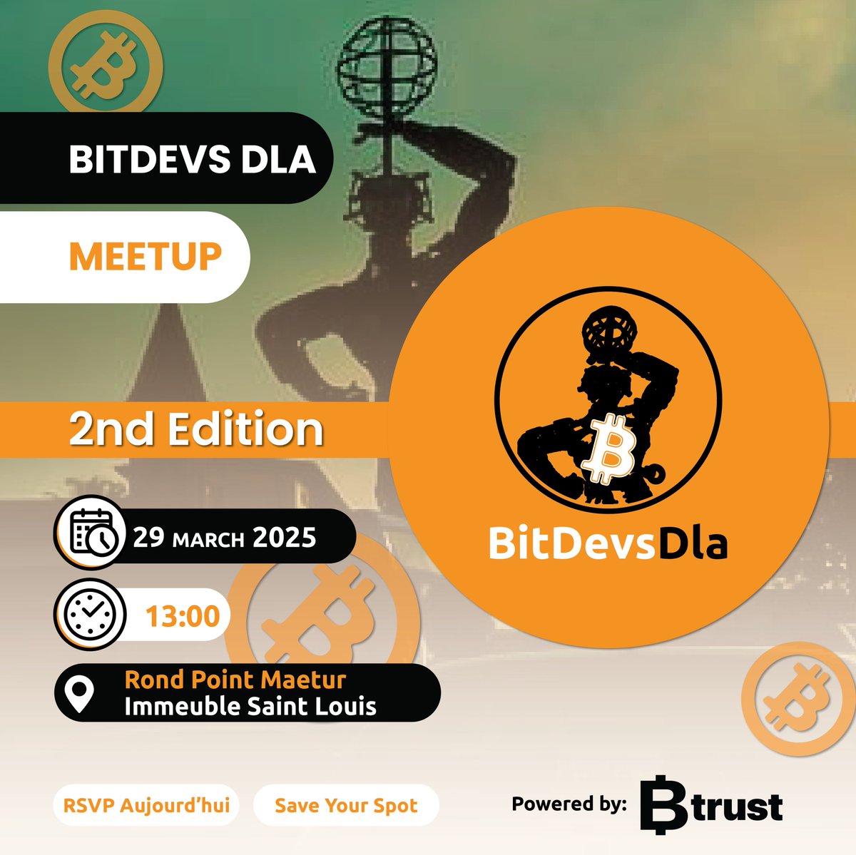 Join us this Saturday, March 29, for the BitDevs Douala meetup! ⚡
Technical discussions on Bitcoin, its evolution, and opportunities.
lu.ma/cgsm389f
bitdevsdla.org/socratic-semin…
A huge thanks to our sponsor <a href="/btrustteam/">Btrust</a> for providing the venue and refreshments! 🙌🎉