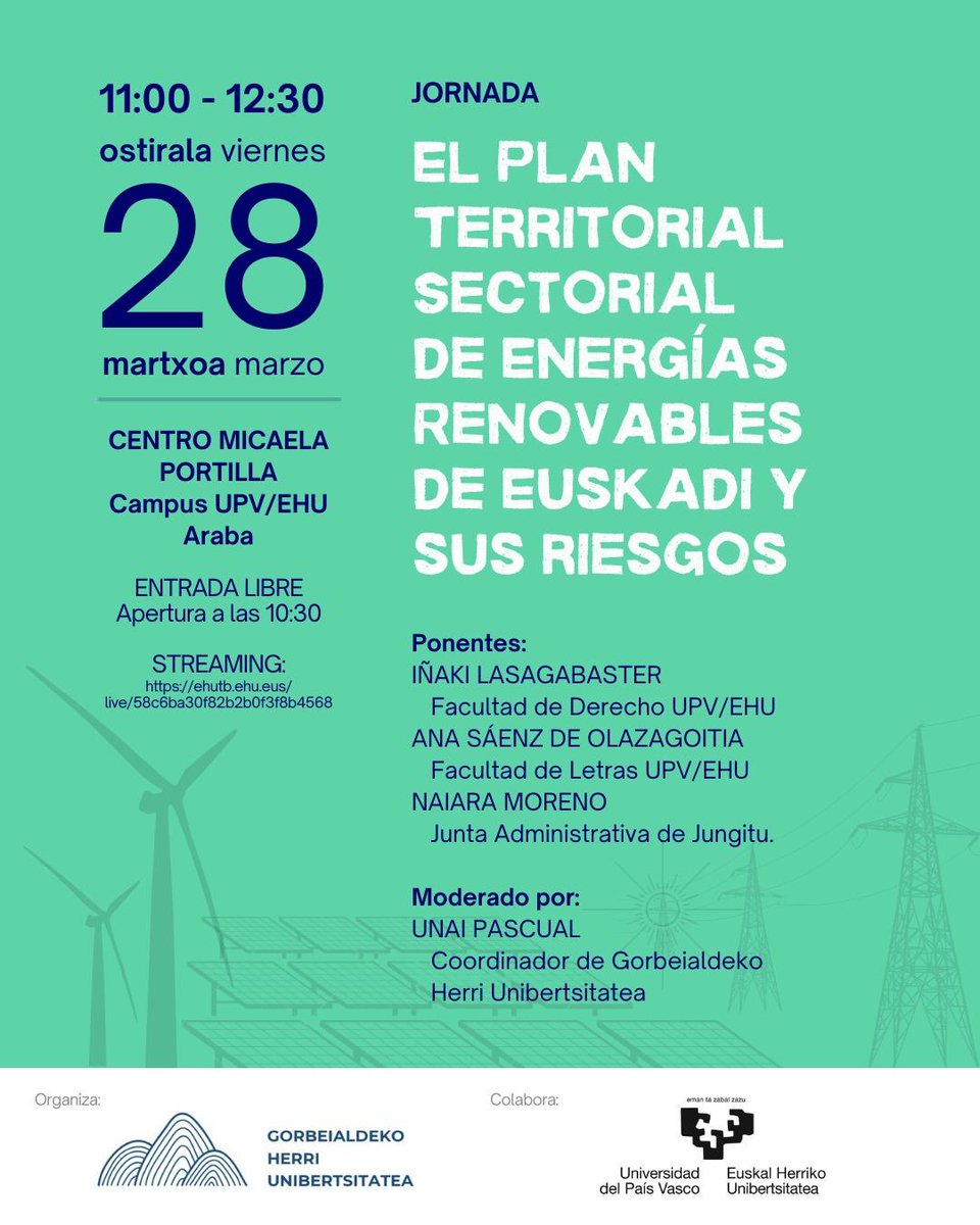 Geografia & Lurralde Antolakuntzako Gradua UPV/EHU (@ehugeografia) on Twitter photo Mañana viernes 28 de marzo, en el Campus de Araba de @UPVEHU,
nuestra compañera Ana Sáenz de Olazagoitia participará en la Jornada "El PTS de Energías Renovables de Euskadi y sus riesgos",
sobre impacto territorial, social y económico del PTS
(presencial y online)
<a href="/Letrak_EHU/">Letrak_EHU</a> Mañana viernes 28 de marzo, en el Campus de Araba de @UPVEHU,
nuestra compañera Ana Sáenz de Olazagoitia participará en la Jornada "El PTS de Energías Renovables de Euskadi y sus riesgos",
sobre impacto territorial, social y económico del PTS
(presencial y online)
<a href="/Letrak_EHU/">Letrak_EHU</a>