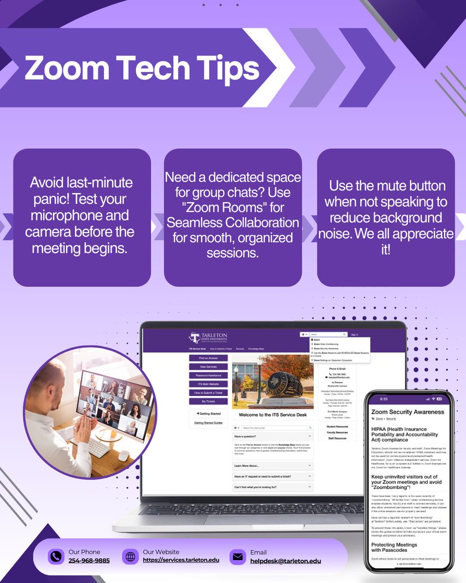 Boost your Zoom game with these easy tech tips! 💻✨ It is our mission to help students, faculty, and staff stay connected. Now, we’re sharing the best hacks to make your virtual meetings smoother and more professional! 🚀📲 #TarletonSolutions #ZoomTips #TechTipThursday
