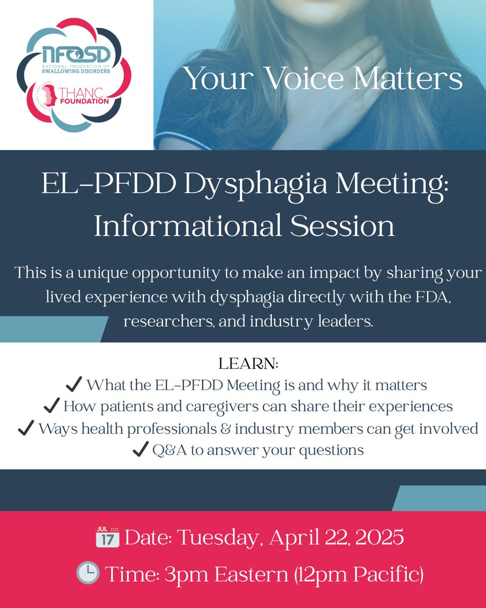 Your voice matters! 🗣️ Join the EL-PFDD Dysphagia Meeting Info Session on April 22 to learn how you can share your experience with swallowing difficulties &amp; help shape future treatments. Sign up now! 👉 form.jotform.com/25005580810915… #DysphagiaAwareness