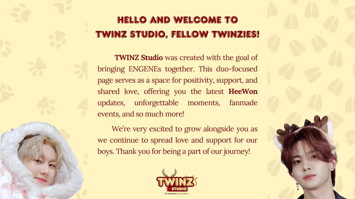TWINZSTUDIO's tweet image. HAPPY #HEEWON DAY! 🦌🐈

This is TWINZ STUDIO, a fan page dedicated to our beloved #HEESEUNG and #JUNGWON of #ENHYPEN! ❤️💛

#TWINZSTUDIO #ENHYPEN_HEESEUNG #ENHYPEN_JUNGWON #엔하아픈_희승 #엔하이픈_정원 #희승 #정원 @ENHYPEN @ENHYPEN_members