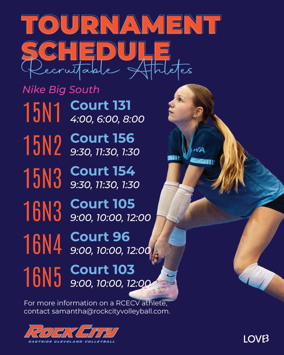 RockCity Eastside Cleveland Volleyball Recruiting (@rcecvrecruiting) on Twitter photo This Friday’s RCECV 15-16U girls national tournament schedules at the Nike Big South Qualifier in Atlanta!
For more information on a RCECV athlete please contact samantha@rockcityvolleyball.com.
#RCECV #LOVBClubs #RecruitableAthletes #TakingCareOfBidness This Friday’s RCECV 15-16U girls national tournament schedules at the Nike Big South Qualifier in Atlanta!
For more information on a RCECV athlete please contact samantha@rockcityvolleyball.com.
#RCECV #LOVBClubs #RecruitableAthletes #TakingCareOfBidness