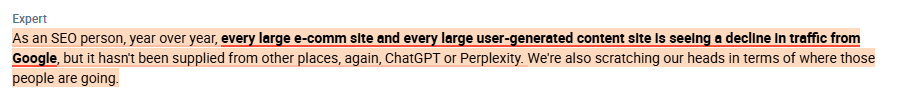 RihardJarc's tweet photo. Significant developments are occurring in the ad tech field, as explained by an SEO expert, along with my take on the matter. Important for $GOOGL, $META, $AMZN investors.

A SEO expert shares a few points that he is seeing right now:

1. Within the last 6-8 months, there has been a decline in search engines providing traffic to e-commerce companies, both large and small. $GOOGL is still the major provider of both paid and non-paid traffic, but it's getting lower.

2. He thinks some of it is also self-inflicted by $GOOGL, as they are now providing a different preview within the search results. From the e-commerce experience, where they allow you to filter straight from the search results to AI overviews, to a more significant focus on user-generated content from social media and Reddit.

3. He sees click-through rates declining on both organic and paid traffic.

4. The traffic lost in this hasn't been picked up by other places such as ChatGPT or Perplexity, so marketers are mostly scratching their heads in terms of where those people are going.

5. He thinks companies like $WMT and others will now have to do more work on their branding and rely more on paid ads to drive traffic, which may increase top-line marketing budgets.

6. He doesn't think this impact is small, and he believes many other companies that relied on organic traffic from $GOOGL will follow a path similar to Chegg, where they are now a declining company.

I think this is one of the most important topics right now in ad tech, as consumer behavior is shifting. I think in the future, organic traffic will continue to shrink, and prices for paid search on $GOOGL will increase. At the same time, as the inventory on Search traffic shrinks (especially organic), companies will increase their focus on social media, such as $META (with both organic and paid efforts), and on platforms where people start their online shopping journey, like $AMZN. Brand advertising and social media will become even more critical.