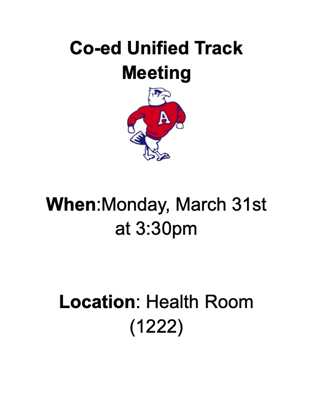 There will be a Unified Track and Field call out meeting on Monday March 31
Any student interested in competing on the Unified Track and Field team this spring should plan on attending this meeting
🏃‍♂️🏃‍♀️🦅🔴⚪️🔵