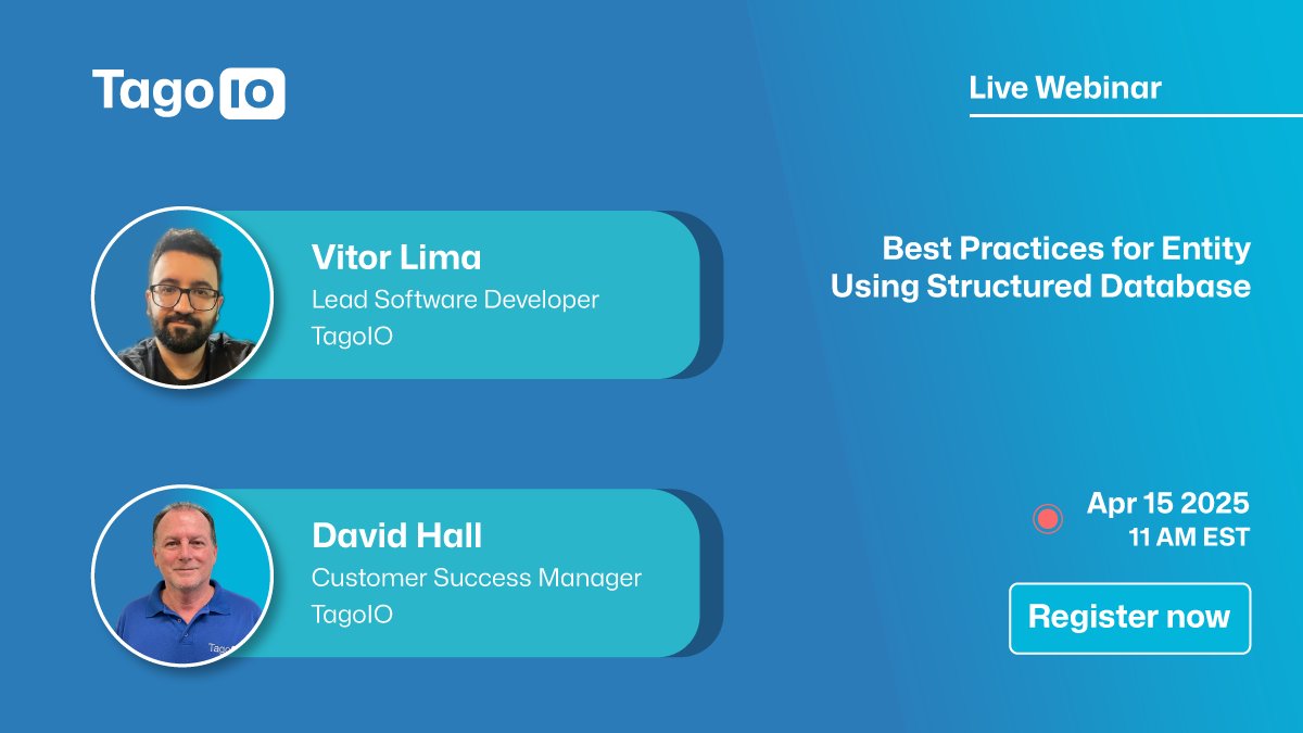tagoio's tweet image. Join our free webinar "Best practices for Entity: using structured database" on April 15th at 11 am EST!
Learn how TagoIO's Entity feature offers a powerful alternative to traditional database solutions.
Register here: bit.ly/4j9cL7x
#IoTDatabase