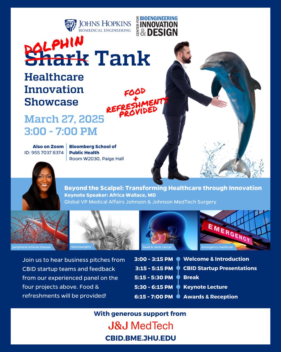 Johns Hopkins CBID (@jhu_cbid) on Twitter photo Happening today! The 2025 CBID Dolphin Tank is here!
Watch CBID startups pitch innovations & hear Dr. Africa Wallace, MD (J&J MedTech) at 5:30 PM on the future of medical innovation.
Awards & reception to followâdonât miss it!
<a href="/JHUBME/">Johns Hopkins BME</a> #jhucbid #cbid #bme #medtech Happening today! The 2025 CBID Dolphin Tank is here!
Watch CBID startups pitch innovations & hear Dr. Africa Wallace, MD (J&J MedTech) at 5:30 PM on the future of medical innovation.
Awards & reception to followâdonât miss it!
<a href="/JHUBME/">Johns Hopkins BME</a> #jhucbid #cbid #bme #medtech