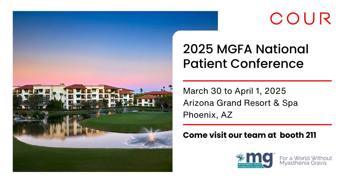 Cour Pharmaceutical Development Company, Inc. (@courpharma) on Twitter photo We are headed to <a href="/MyastheniaOrg/">Myasthenia Gravis Foundation of America</a>’s National Patient Conference in Phoenix from March 30 to April 1. Meet our team at booth 211 to discuss the clinical trial evaluating our investigational treatment for #MyastheniaGravis. See you there! We are headed to <a href="/MyastheniaOrg/">Myasthenia Gravis Foundation of America</a>’s National Patient Conference in Phoenix from March 30 to April 1. Meet our team at booth 211 to discuss the clinical trial evaluating our investigational treatment for #MyastheniaGravis. See you there!