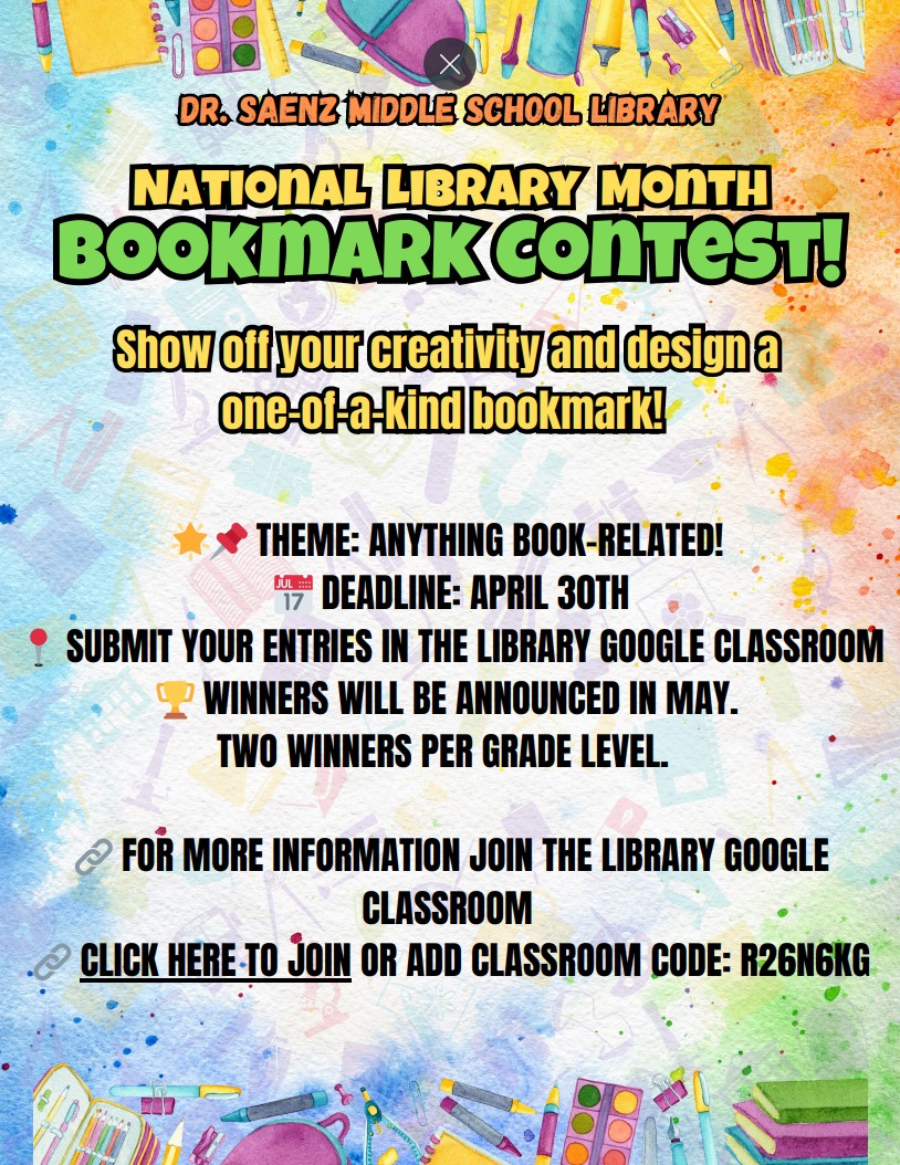 Amanda_Salinas1's tweet image. Attention Students! 

Join our National Library Month Bookmark Contest! 🌟 Show off your creativity and design a one-of-a-kind bookmark! Let your imagination shine and celebrate the joy of reading! 📖

#LibraryMonth #BookmarkContest #GetCreative #ReadMore #DesignYourBookmark