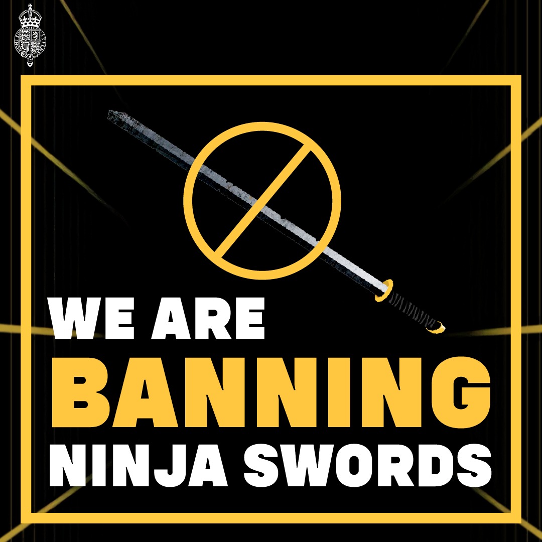 DianaJohnsonMP's tweet photo. No negotiation.

No half measures.

From 1st August ninja swords will be banned on UK streets.

Those in possession of these blades must surrender them or they could face jail time. https://t.co/fyCPfsYPOk