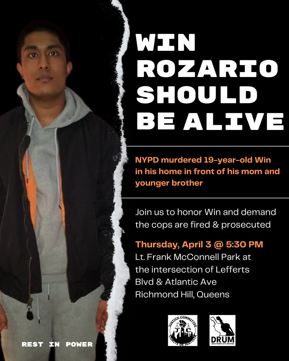 Win Rozario's fam, with <a href="/watchthecops/">Justice Committee (now on bsky!)</a> &amp; <a href="/DesisRisingUp/">DRUM #CeasefireNow</a> &amp; others, will be holding a  vigil for Win next week in Queens (Thurs 4/3, 5:30pm) &amp; calling for action on the NYPD's murder of Win. Please come &amp; stand with Win's  fam if you can.