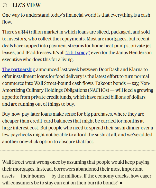 dailydirtnap's tweet photo. Good Lord

Private credit buying buy-now-pay-later Doordash

I think we're done here https://t.co/sQ3h4SD7zZ