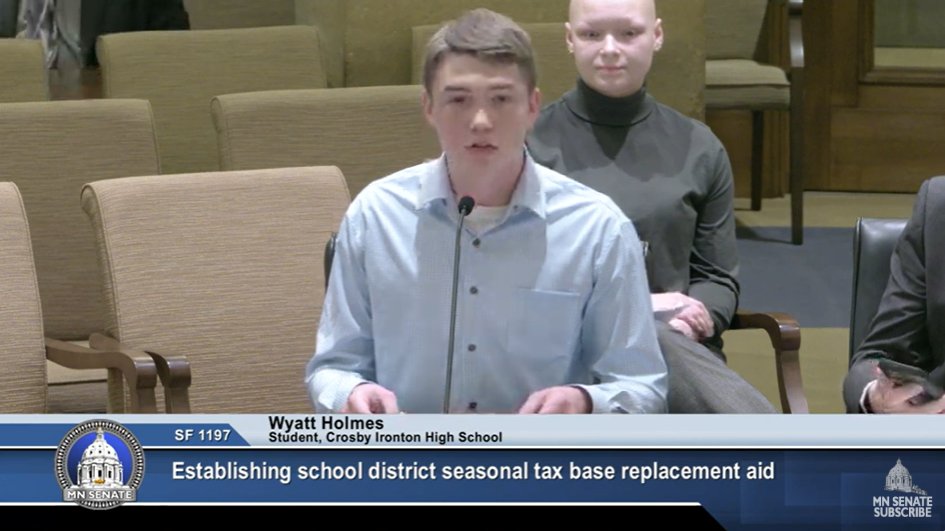 Minnesota's school funding system is inequitable.

Crosby Ironton students Candice Wynn &amp; Wyatt Holmes testify in support of restoring some equity by making sure property taxes on seasonal homes stay in greater MN -- reducing the local tax burden &amp; helping rural schools. #mnleg