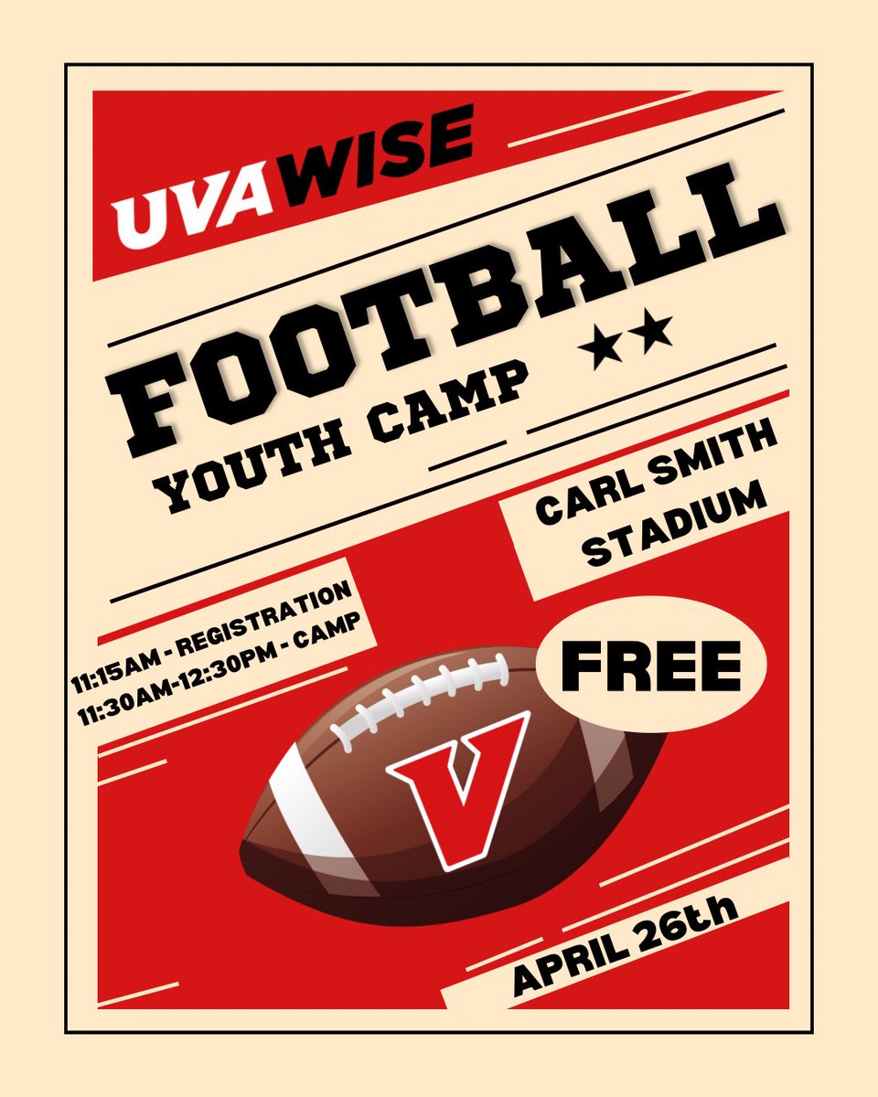 ⁦<a href="/UVAWiseCavsFB/">UVA Wise Football</a>⁩ will be hosting a FREE youth camp (K-8) Saturday April 26th at Carl Smith Stadium. Registration is at 11:15 AM and camp runs from 11:30 AM - 12:30 PM. #PEWAV #FFF #HTR