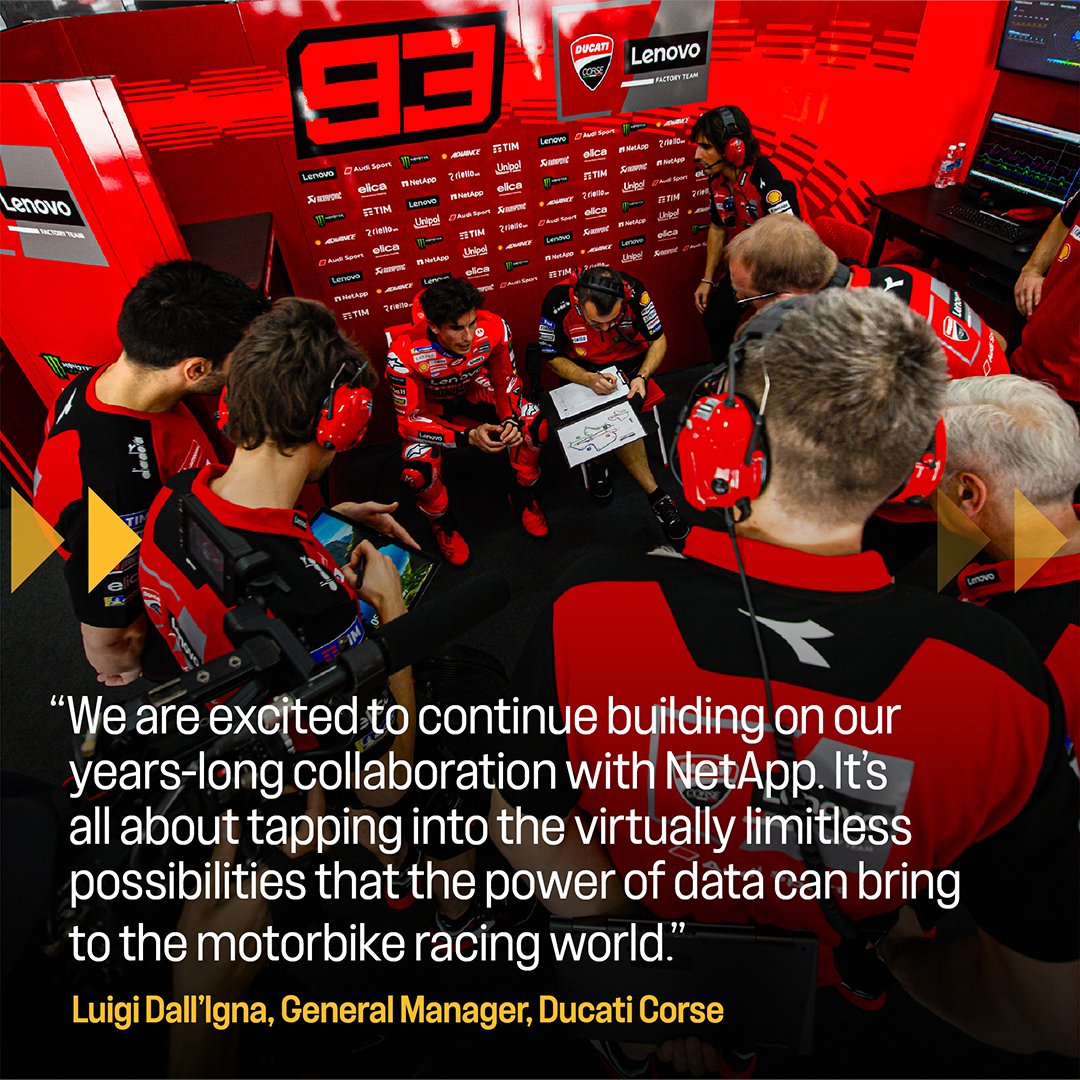 NetApp's tweet photo. What happens when cutting-edge tech meets elite motorsport? The @ducaticorse + NetApp partnership. 💥

A NetApp intelligent data powers the team's performance, from optimizing operations — on and off the track — to designing groundbreaking bikes: https://t.co/Jn52ClWrQD